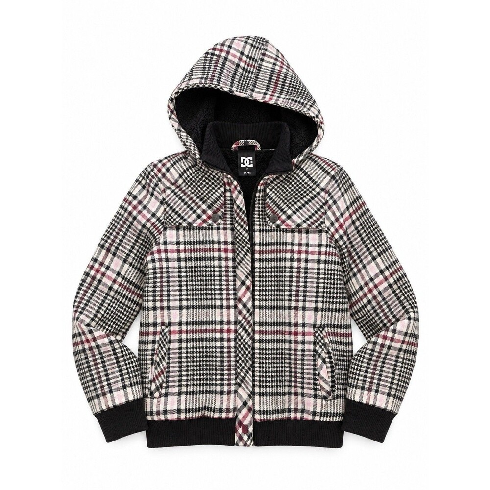 DC Shoes Plaid Sherpa Lined Hooded Bomber Jacket M Black White Pink Grunge